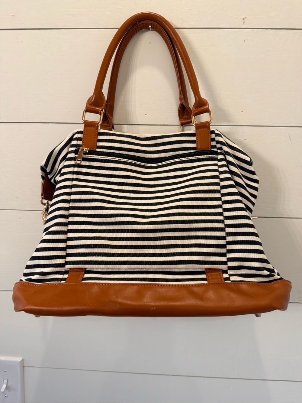 Striped Navy & White Canvas Tote with Tan Leather Trim